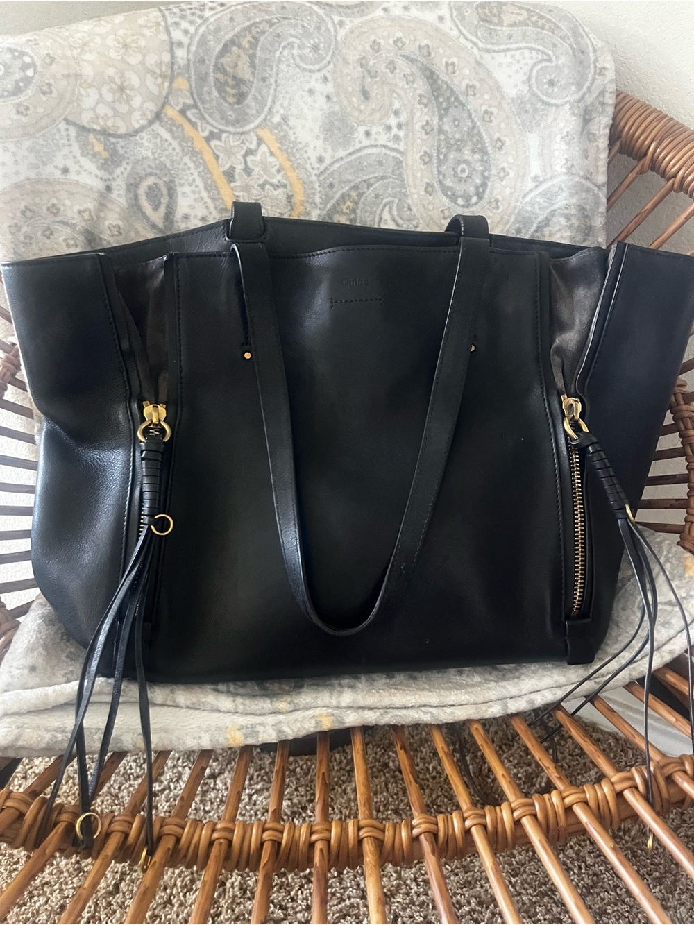 Chloé Black Leather Shoulder Tote with Tassel Zips